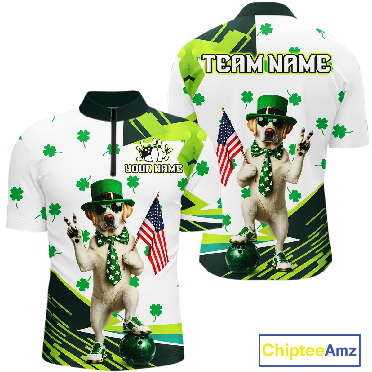 Custom Green Funny Golden Retriever Dog Bowling Shirt Samrock Pattern Bowling St. Patrick Day for Men QZT936