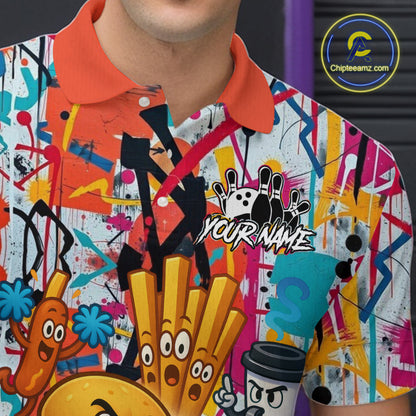 Custom Graffiti Funny Fast Food Bowling Shirt Bowling Team Jersey for Men Bowling Outfit QZT798