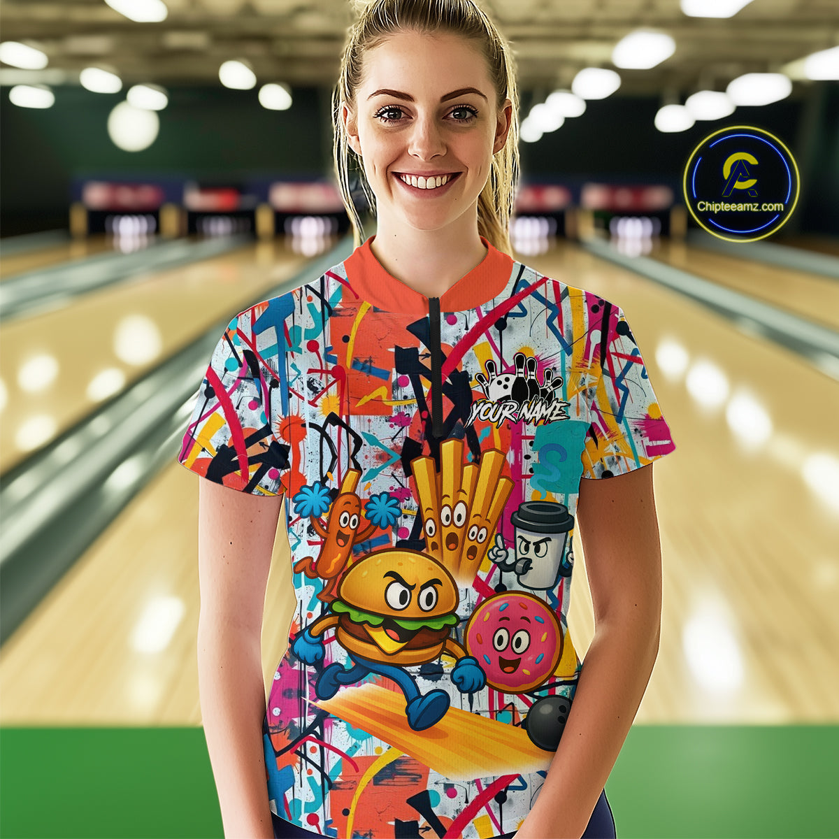 Custom Graffiti Funny Fast Food Bowling Shirt Bowling Team Jersey for Women Bowling Outfit QZT798