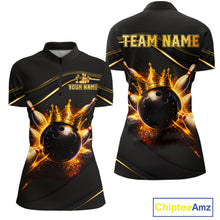 Load image into Gallery viewer, Black short-sleeve bowling-themed quarter-zip shirt shown from front and back on a white background. The front and back feature a large glossy bowling ball with a gold crown and fiery orange explosion graphic, plus customizable text reading TEAM NAME and YOUR NAME.