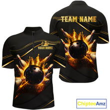 Load image into Gallery viewer, Front and back view custom black gold bowling quarter-zip shirt featuring a fiery bowling ball, flame burst effect and gold stripe pattern, displaying Your Name and Team Name