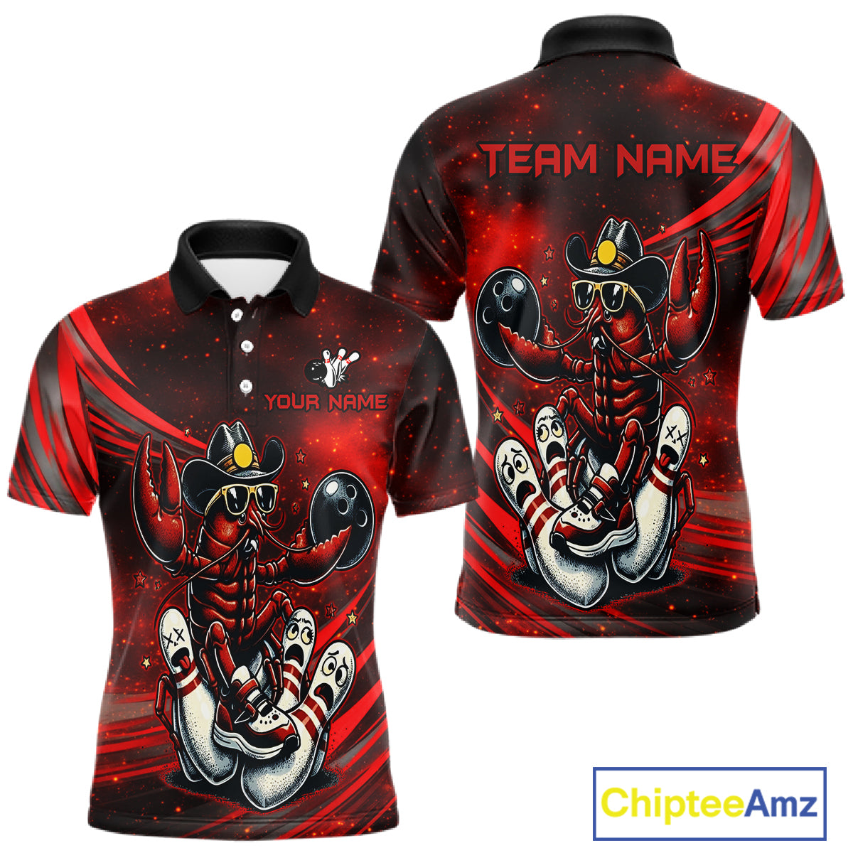 Red and black polo shirt with a crawfish design on a white background, featuring 'Chiptee Amz' branding.