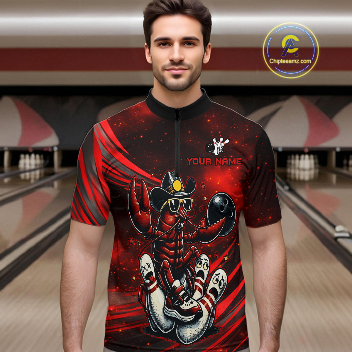 Man wearing a red and black bowling shirt with a design in a bowling alley.