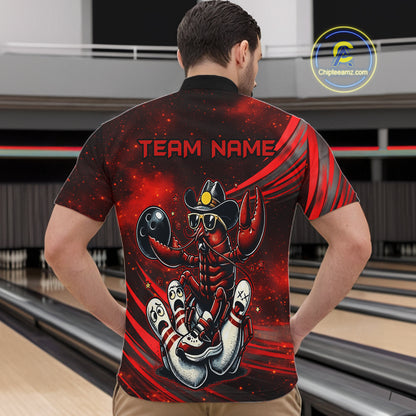 Person wearing a red and black themed shirt with a design and text 'TEAM NAME' at a bowling alley.