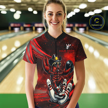 Load image into Gallery viewer, Person wearing a custom bowling shirt with a crawfish design in a bowling alley.