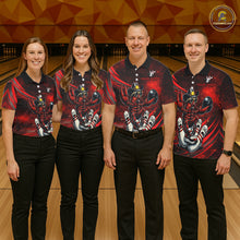 Load image into Gallery viewer, Four people wearing matching bowling shirts with a red and black design on a bowling alley.