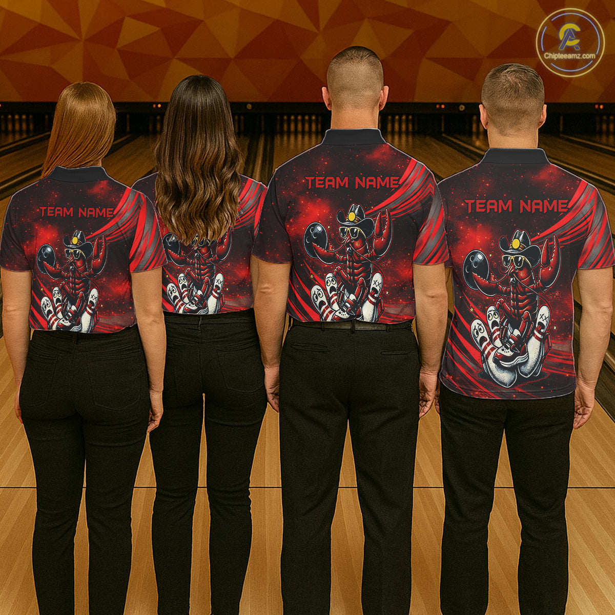 Four people wearing matching red and black shirts with a team logo on a bowling alley.