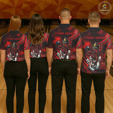 Load image into Gallery viewer, Four people wearing matching red and black shirts with a team logo on a bowling alley.