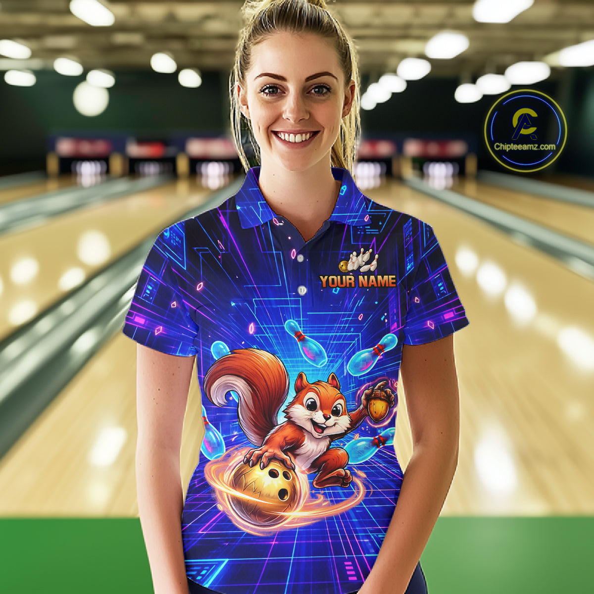 Custom Neon Funny Squirrel Bowling Shirt for Women Bowling Team Jersey Polo & Quarter-Zip Bowling Outfit QZT981