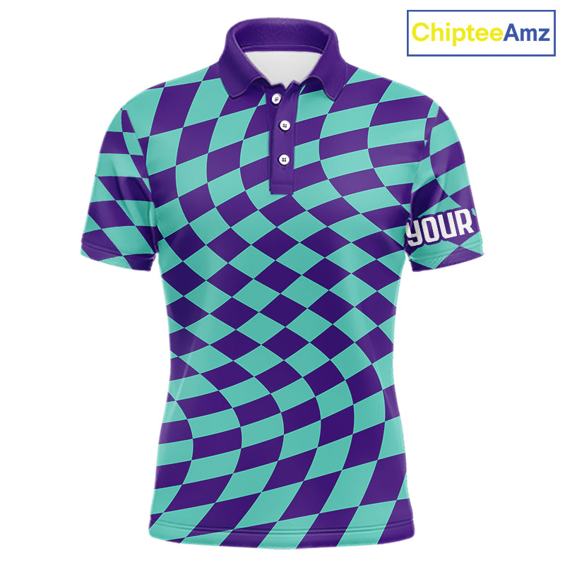 Plaid Mens Golf Polo Shirt Custom Purple & Blue Checkerboard Argyle Pattern Golf Shirts For Men NHN0129