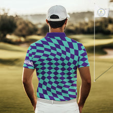 Load image into Gallery viewer, Plaid Mens Golf Polo Shirt Custom Purple &amp; Blue Checkerboard Argyle Pattern Golf Shirts For Men NHN0129