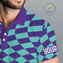 Load image into Gallery viewer, Plaid Mens Golf Polo Shirt Custom Purple &amp; Blue Checkerboard Argyle Pattern Golf Shirts For Men NHN0129