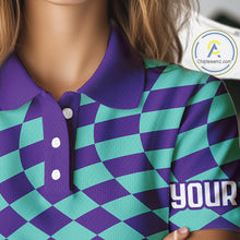 Load image into Gallery viewer, Plaid Womens Golf Polo Shirt Custom Purple &amp; Blue Checkerboard Argyle Pattern Golf Shirts For Ladies NHN0129