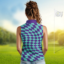 Load image into Gallery viewer, Plaid Womens Sleeveless Golf Polo Shirts Custom Purple &amp; Blue Checkerboard Argyle Pattern Golf Shirt NHN0129