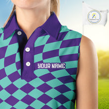 Load image into Gallery viewer, Plaid Womens Sleeveless Golf Polo Shirts Custom Purple &amp; Blue Checkerboard Argyle Pattern Golf Shirt NHN0129