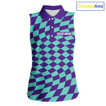 Load image into Gallery viewer, Plaid Womens Sleeveless Golf Polo Shirts Custom Purple &amp; Blue Checkerboard Argyle Pattern Golf Shirt NHN0129