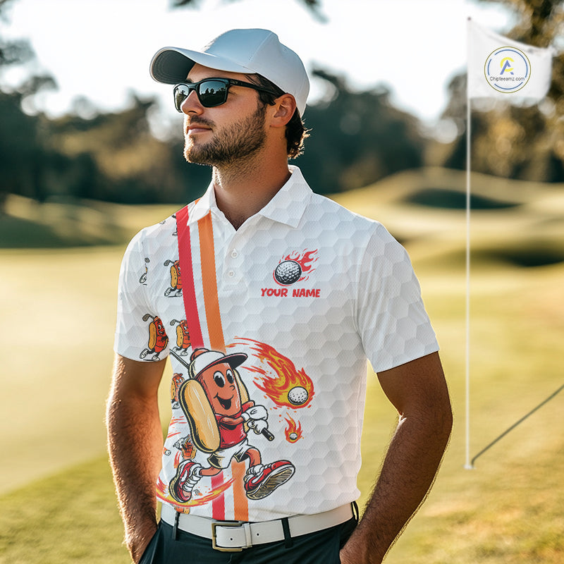 Funny Mens Golf Polo Shirt Custom Orange And White Fire Flame Hot Dog Pattern White Golf Shirts NHN0001