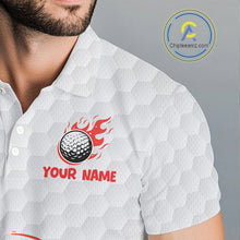 Load image into Gallery viewer, Funny Mens Golf Polo Shirt Custom Orange And White Fire Flame Hot Dog Pattern White Golf Shirts NHN0001
