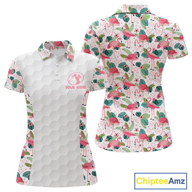 Women Golf Polo Shirt Pink Floral Flamingo Pattern Tropical Leaves Custom Team Golf Polo Shirts NHN0021