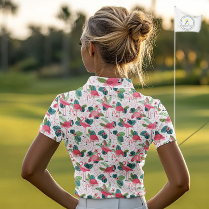 Women Golf Polo Shirt Pink Floral Flamingo Pattern Tropical Leaves Custom Team Golf Polo Shirts NHN0021