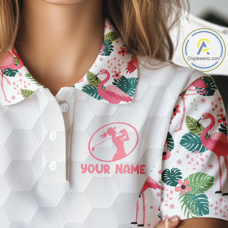 Women Golf Polo Shirt Pink Floral Flamingo Pattern Tropical Leaves Custom Team Golf Polo Shirts NHN0021