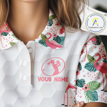 Women Golf Polo Shirt Pink Floral Flamingo Pattern Tropical Leaves Custom Team Golf Polo Shirts NHN0021