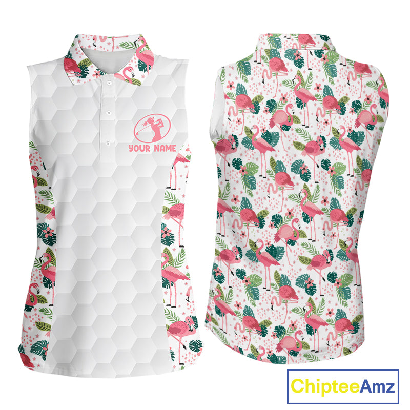 Womens Sleeveless Golf Polo Shirt Floral Flamingo Pattern Tropical Leaves Custom Team Golf Polo NHN0021