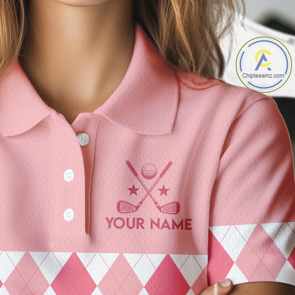 Flamingo Argyle Pattern Womens Golf Polo Shirt Funny Floral Custom Golf Shirt Unique Golfer Gift Apparel NHN0022