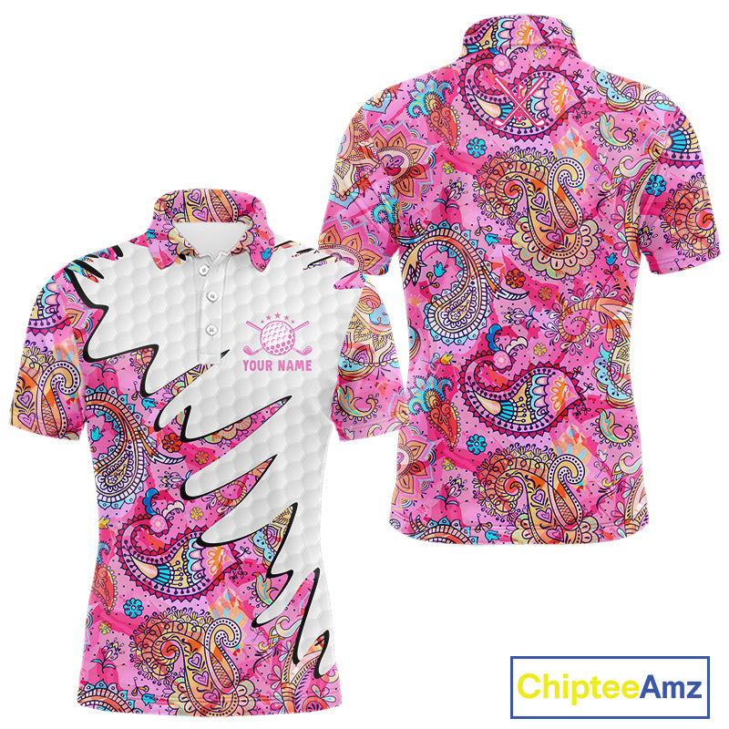 Pink Paisley Pattern Mens Golf Polo Shirt Custom Tropical Golf Attire For Men, Golf Gifts NHN0149