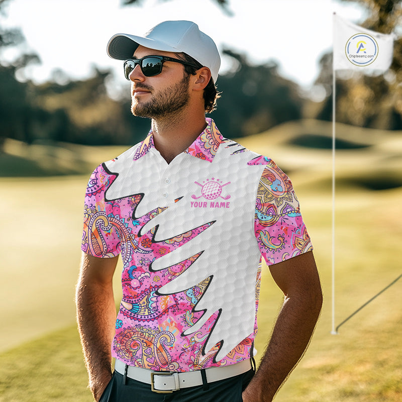 Pink Paisley Pattern Mens Golf Polo Shirt Custom Tropical Golf Attire For Men, Golf Gifts NHN0149