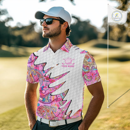 Pink Paisley Pattern Mens Golf Polo Shirt Custom Tropical Golf Attire For Men, Golf Gifts NHN0149