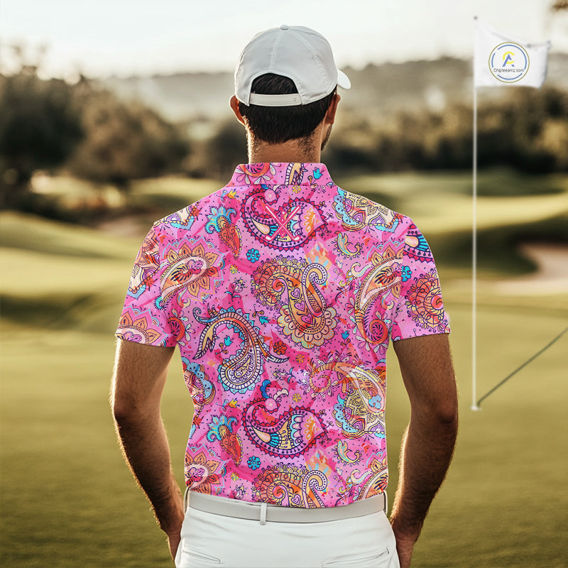 Pink Paisley Pattern Mens Golf Polo Shirt Custom Tropical Golf Attire For Men, Golf Gifts NHN0149