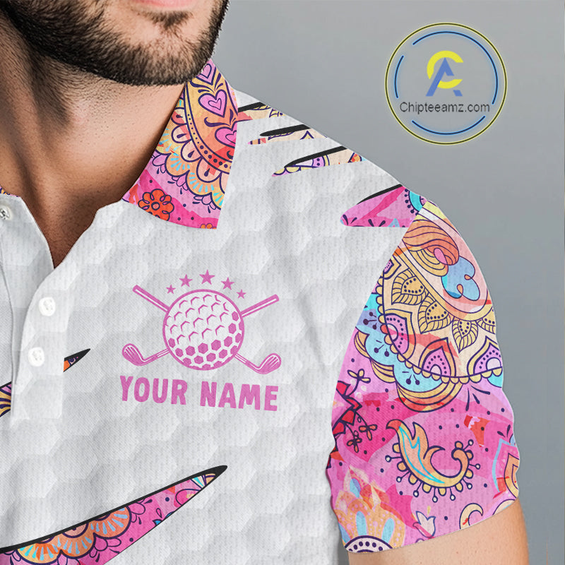 Pink Paisley Pattern Mens Golf Polo Shirt Custom Tropical Golf Attire For Men, Golf Gifts NHN0149