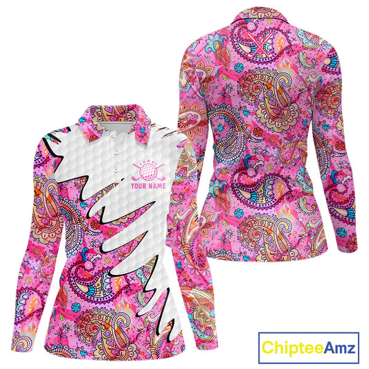 Pink Paisley Pattern Womens Long Sleeve Golf Polo Shirt Custom Tropical Golf Attire For Ladies NHN0149