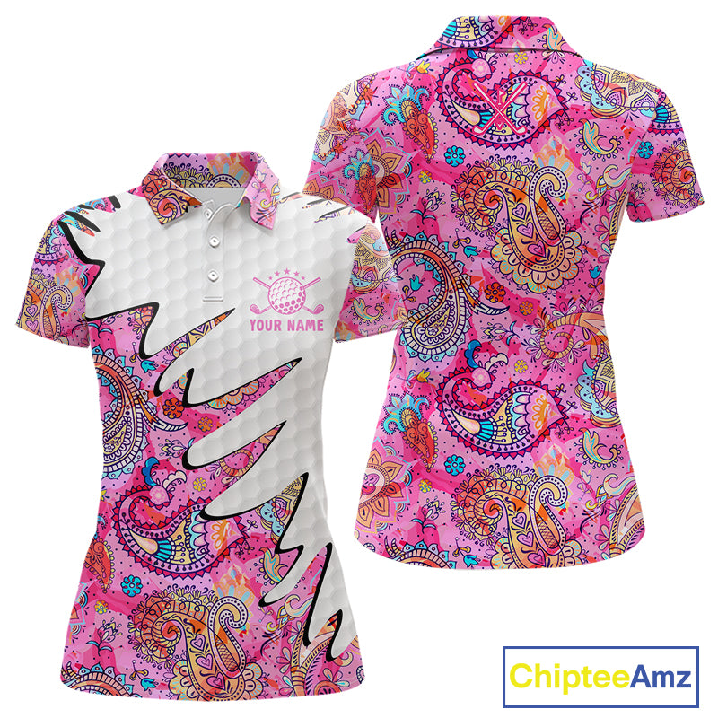 Pink Paisley Pattern Womens Golf Polo Shirt Custom Tropical Golf Attire For Ladies, Golf Gifts NHN0149