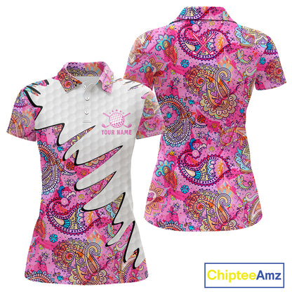 Pink Paisley Pattern Womens Golf Polo Shirt Custom Tropical Golf Attire For Ladies, Golf Gifts NHN0149