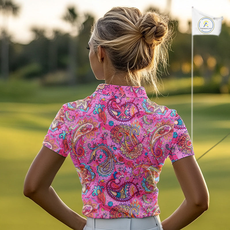 Pink Paisley Pattern Womens Golf Polo Shirt Custom Tropical Golf Attire For Ladies, Golf Gifts NHN0149