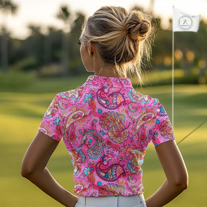 Pink Paisley Pattern Womens Golf Polo Shirt Custom Tropical Golf Attire For Ladies, Golf Gifts NHN0149