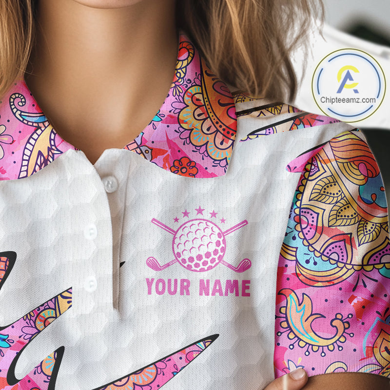 Pink Paisley Pattern Womens Golf Polo Shirt Custom Tropical Golf Attire For Ladies, Golf Gifts NHN0149