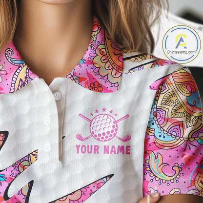 Pink Paisley Pattern Womens Golf Polo Shirt Custom Tropical Golf Attire For Ladies, Golf Gifts NHN0149