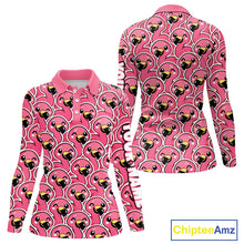Load image into Gallery viewer, Pink Flamingo Pattern Womens Long Sleeve Golf Polo Shirts Custom Name Funny Team Ladies Golf Tops NHN0160