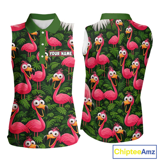 Tropical Flamingo Pattern Womens Sleeveless Golf Polo Shirts Custom Funny Team Ladies Golf Tops NHN0162