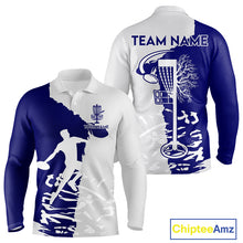 Load image into Gallery viewer, Mens Disc Golf Polo Shirt Custom Name White And Blue Disc Golf Basket Personalized Disc Golf Shirts NHN0033