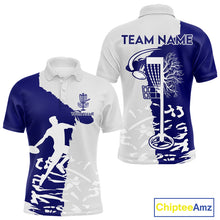 Load image into Gallery viewer, Mens Disc Golf Polo Shirt Custom Name White And Blue Disc Golf Basket Personalized Disc Golf Shirts NHN0033