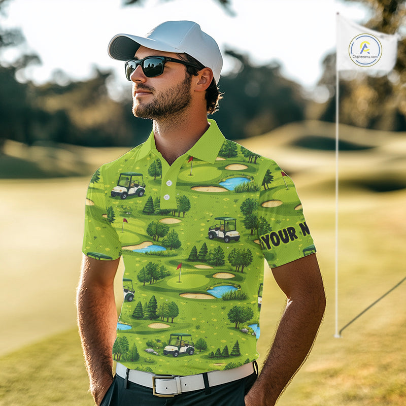 Mens Golf Polo Shirt Custom Gofl Ball Green Golf Course Pattern Team Golf Tops, Golf Gifts NHN0163