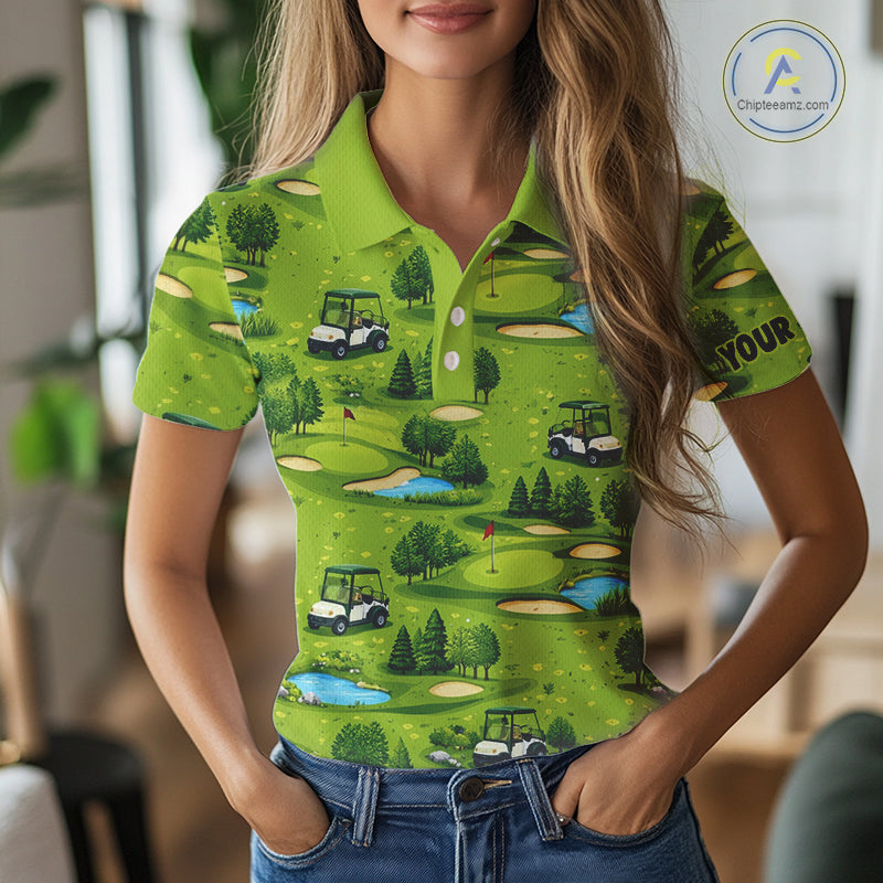 Womens Golf Polo Shirt Custom Gofl Ball Green Golf Course Pattern Team Golf Tops, Golf Gifts NHN0163