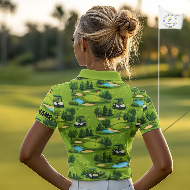 Womens Golf Polo Shirt Custom Gofl Ball Green Golf Course Pattern Team Golf Tops, Golf Gifts NHN0163