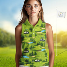 Load image into Gallery viewer, Womens Sleeveless Golf Polo Shirt Custom Gofl Ball Green Golf Course Pattern Team Golf Tops NHN0163