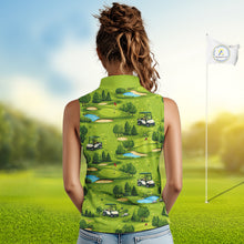 Load image into Gallery viewer, Womens Sleeveless Golf Polo Shirt Custom Gofl Ball Green Golf Course Pattern Team Golf Tops NHN0163