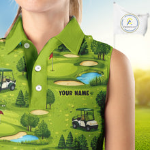 Load image into Gallery viewer, Womens Sleeveless Golf Polo Shirt Custom Gofl Ball Green Golf Course Pattern Team Golf Tops NHN0163